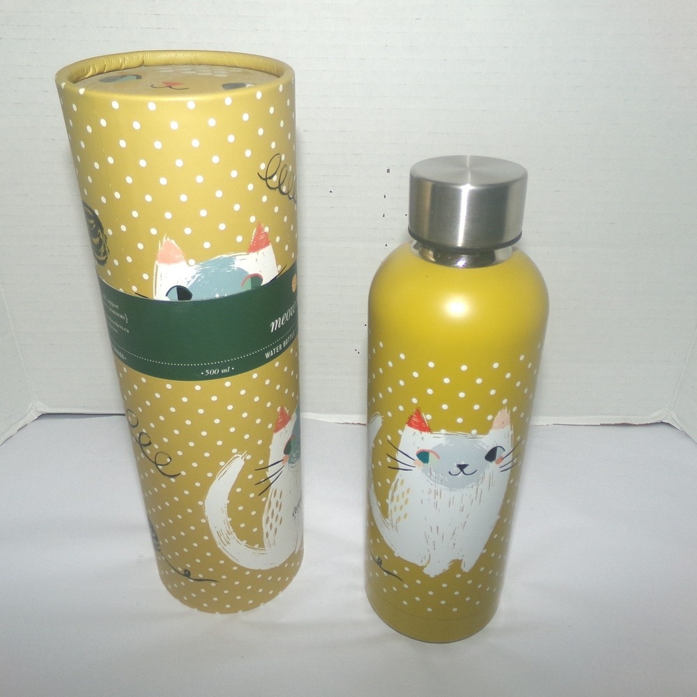 Danica Studio Meow Meow Cat Water Bottle Mustard Yellow Stainless Steel 17oz